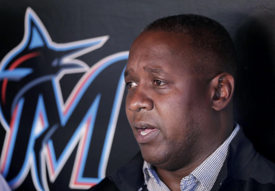 FILE - In this Wednesday, July 31, 2019, file photo, Michael Hill, Miami Marlins president of baseball operations, talks with the news media before a baseball game against the Minnesota Twins, in Miami. Marlins executive Michael Hill's 19-season tenure with the franchise has ended. Hill was president of baseball operations for the past six years and provided continuity after a 2017 change in ownership, but he will not be back next year, CEO Derek Jeter said Sunday, Oct. 18, 2020. (AP Photo/Lynne Sladky, File)