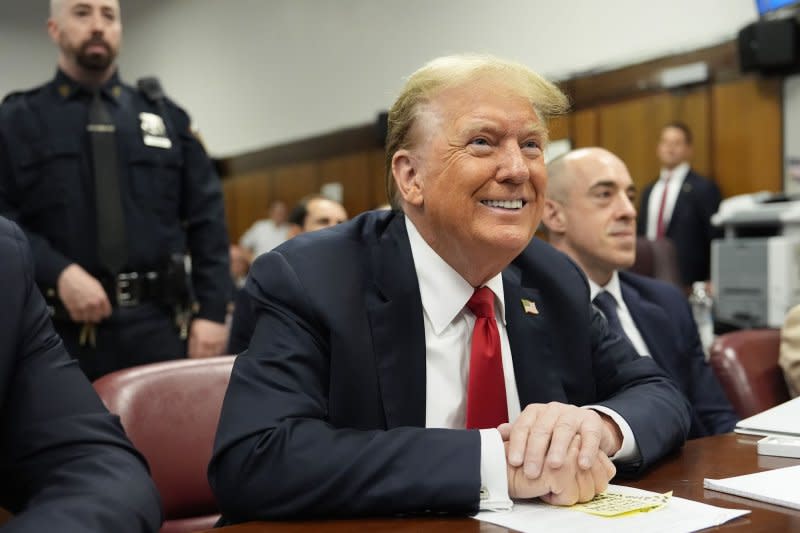 Former president Donald Trump sits in the courtroom at Manhattan Criminal Court in New York in May. Pool Photo by Julia Nikhinson/UPI