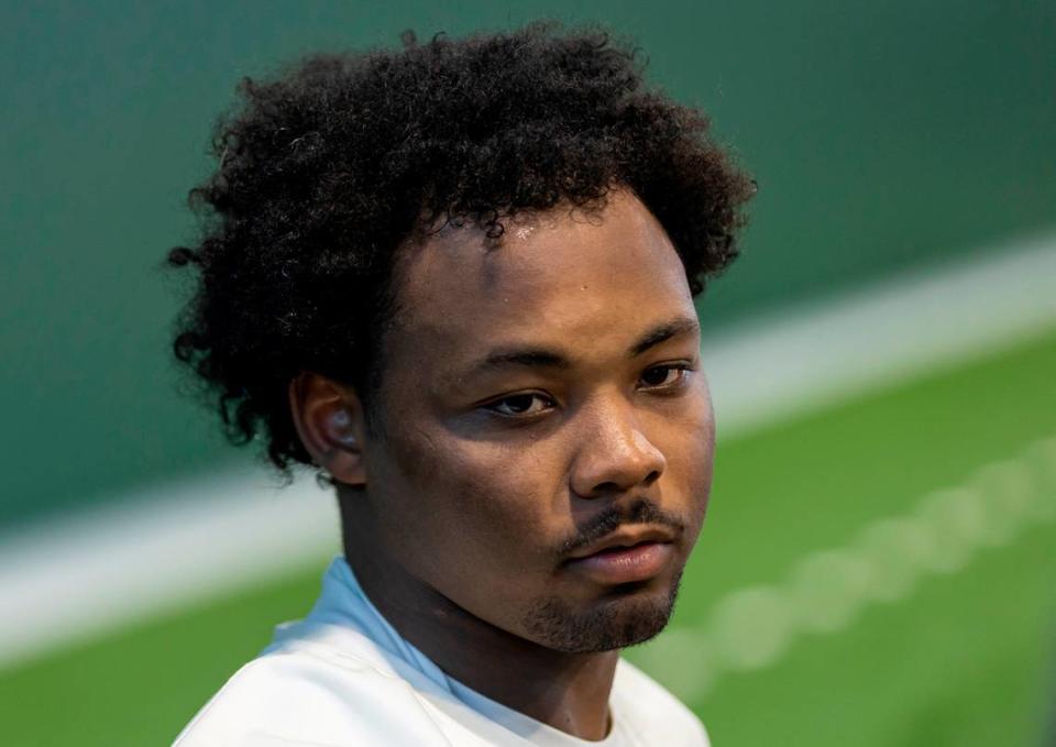 Miami Hurricanes linebacker Corey Flagg (11) speaks to reporters after practice at the Carol Soffer Indoor Practice Facility at the University of Miami on Wednesday, Aug. 8, 2023 in Coral Gables, Fla.