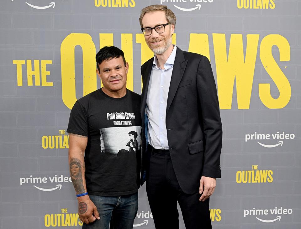 WEST HOLLYWOOD, CALIFORNIA - APRIL 10: (L-R) Elgin James and Stephen Merchant attend "The Outlaws" Emmy FYC Event at The London West Hollywood at Beverly Hills on April 10, 2022 in West Hollywood, California. (Photo by Michael Kovac/Getty Images for Amazon Studios)