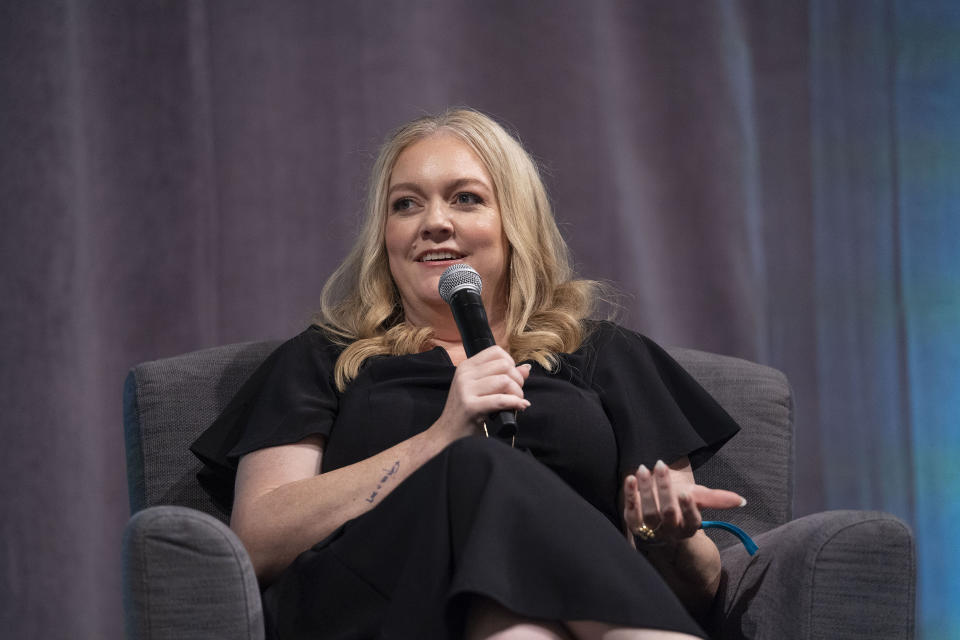 A portrait of JBH and Colleen Hoover on the main stage at Book Bonanza on June 23, 2023 in Grapevine, TX.  (Nitashia Johnson for TODAY)