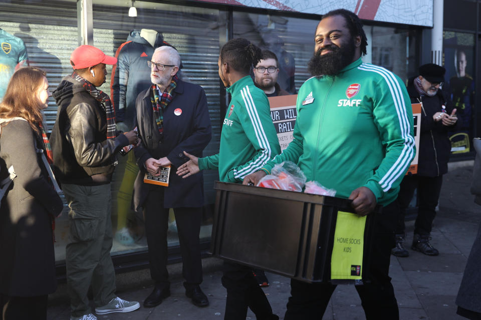 Labour leader, Jeremy Corbyn (centre left) leafleting outside Finsbury Park station, London, whilst on the General Election campaign trail.