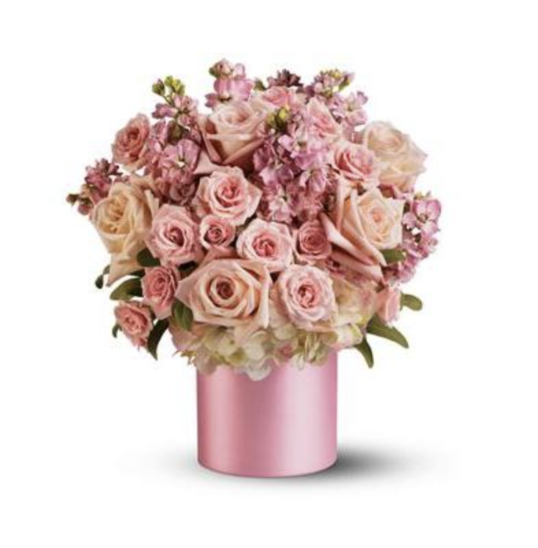 Pinking of You Bouquet pink flowers in pink vase (Photo via Flower Shopping)