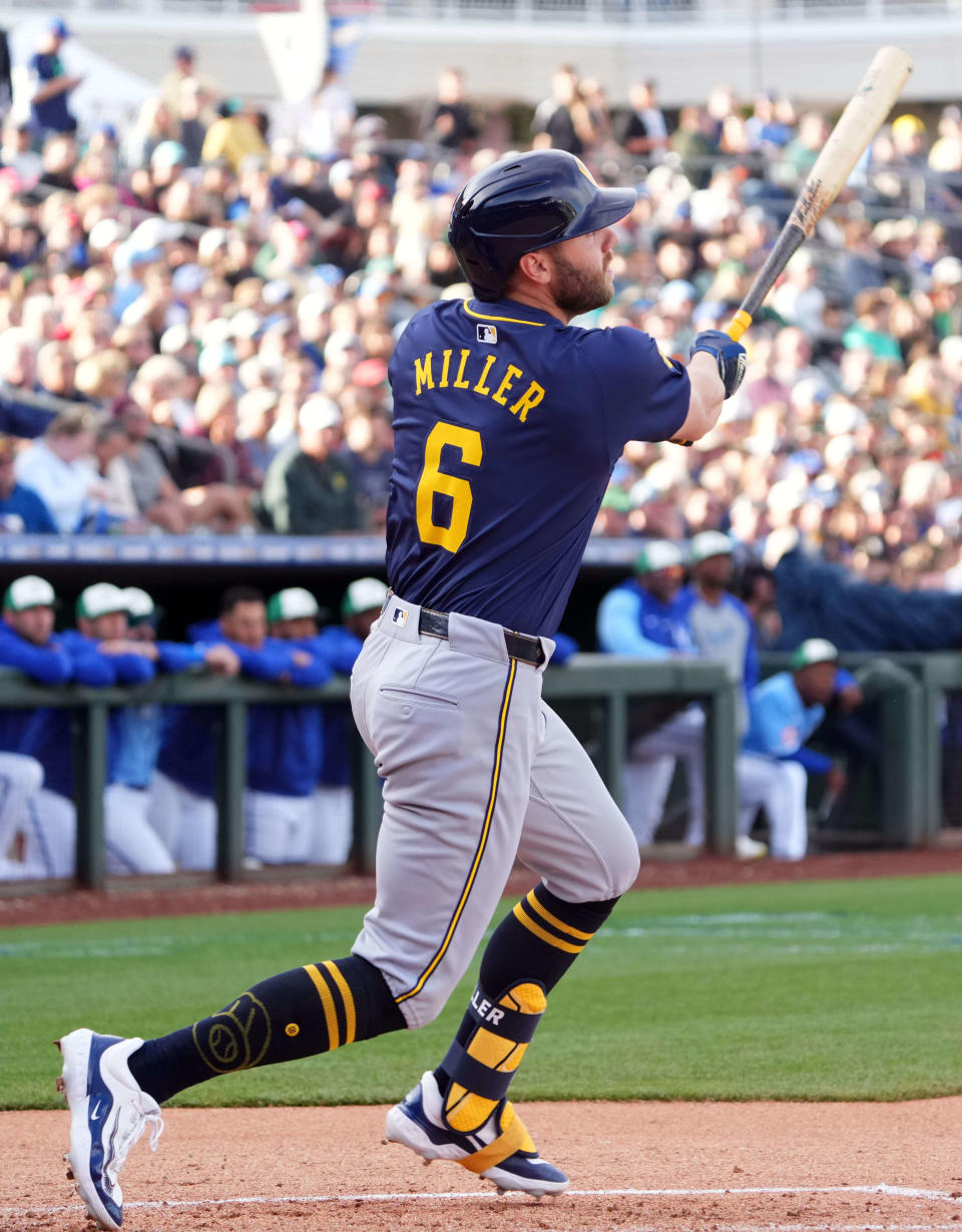 Brewers second baseman Owen Miller bats against the Royals on March 17 at Surprise Stadium.