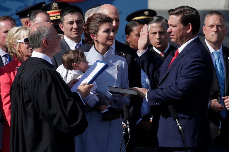 Gov. Ron DeSantis takes the oath of office administered by Chief Justice Charles Canady during the 2019 inauguration ceremony on the steps of the Historic Capitol Building in Tallahassee Tuesday, Jan. 8, 2019. 