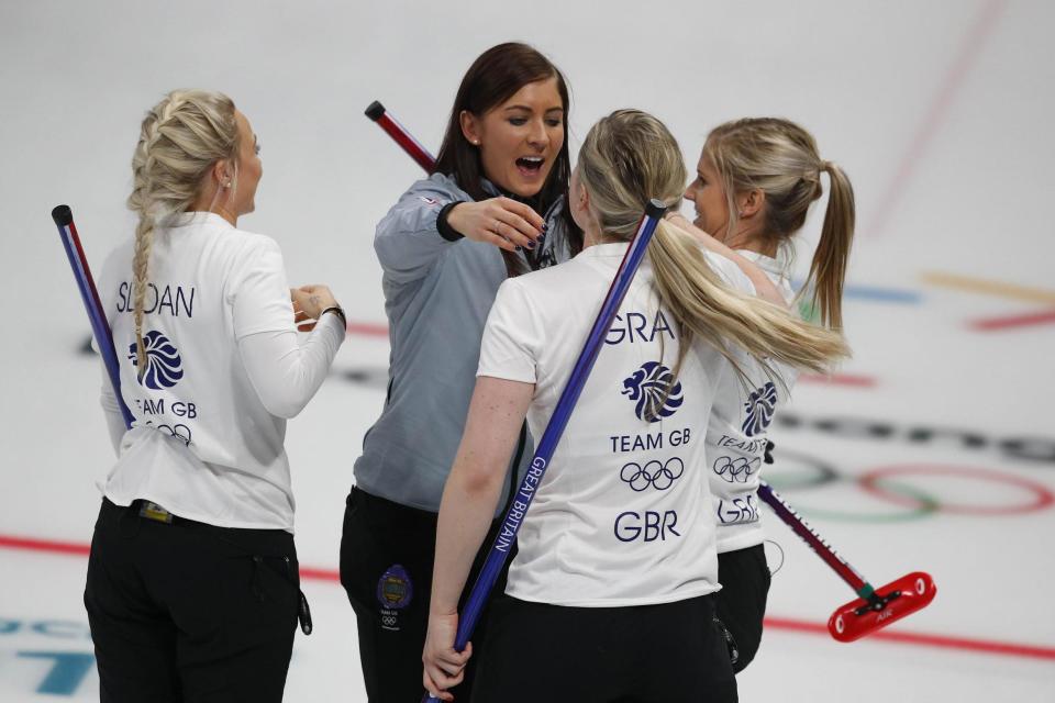 Team GB's Anna Sloan, Eve Muirhead, Vicki Adams and Lauren Gray celebrate after beating Canada: REUTERS/Phil Noble