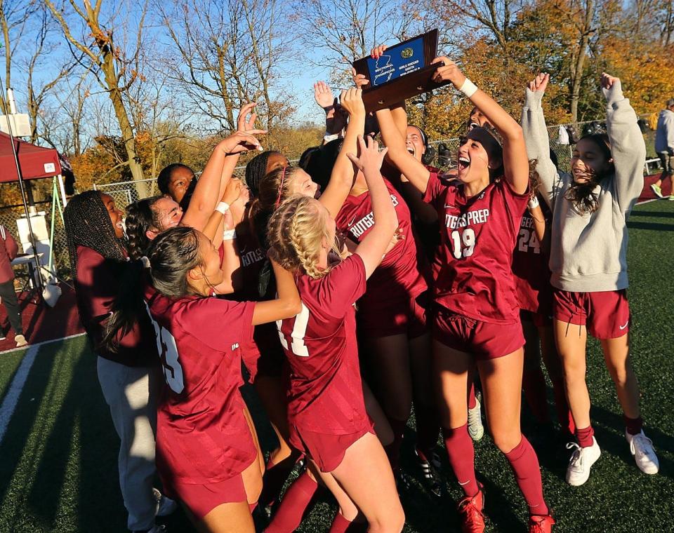 The Rutgers Prep girls soccer team celebrates after winning the Non-Public B South championship on Nov. 8, 2022
