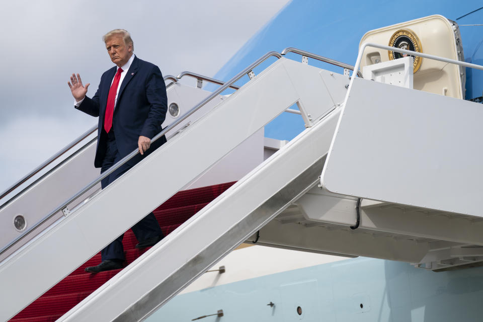 President Donald Trump arrives Andrews Air Force Base after visiting Wilmington, N.C., Wednesday, Sept. 2, 2020, Andrews Air Force Base, Md. (AP Photo/Evan Vucci)