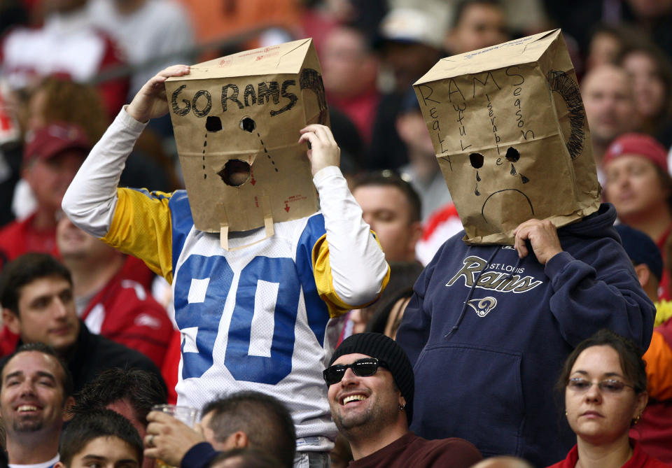 <p>Fans of the Rams look on during their NFL Game on December 7, 2008 at the University of Phoenix Stadium in Glendale, Arizona. (Photo by Donald Miralle/Getty Images) </p>