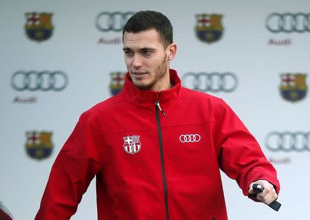 Barcelona's Thomas Vermaelen attends a commercial event at Camp Nou stadium in Barcelona November 27, 2014. REUTERS/Albert Gea