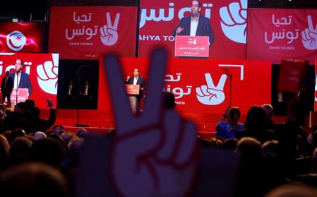 Tunisian Prime Minister Youssef Chahed speaks during a meeting of the 'Long Live Tunisia' party in Tunis