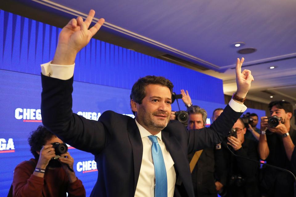 Andre Ventura, leader of populist right wing party Chega, gestures to supporters before addressing them following the announcement of results for Portugal's general election in Lisbon, Monday, March 11, 2024.