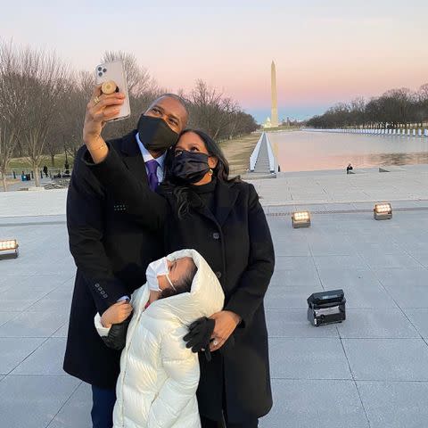 <p>Maya Harris Instagram</p> Tony West, Maya Harris, and Amara Ajagu in Washington, DC before the Inaguration in 2021.
