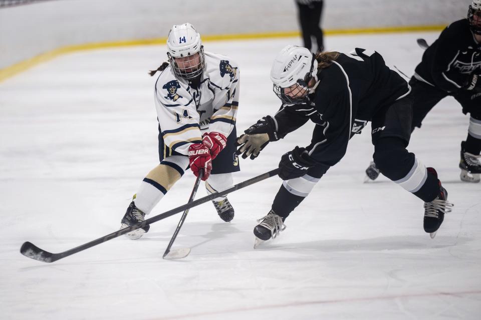 Shrewsbury's Bridget McLaughlin and HPNA's Chase Nassar work for the puck on Wednesday January 31, 2024 at North Star Ice Sports in Westborough.