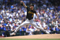 Pittsburgh Pirates pitcher Bailey Falter delivers during the first inning of a baseball game against the Chicago Cubs, Saturday, May 18, 2024, in Chicago. (AP Photo/Charles Rex Arbogast)