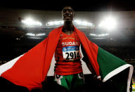 Ismail Ahmed Ismail of Sudan celebrated winning the silver medal in the Men's 800m Final held at the National Stadium on Day 15 of the Beijing 2008 Olympic Games. He won the first medal for the Sudan, but this year the Sudanese Olympic team hopes to earn the first gold medal. (Photo by Julian Finney/Getty Images)