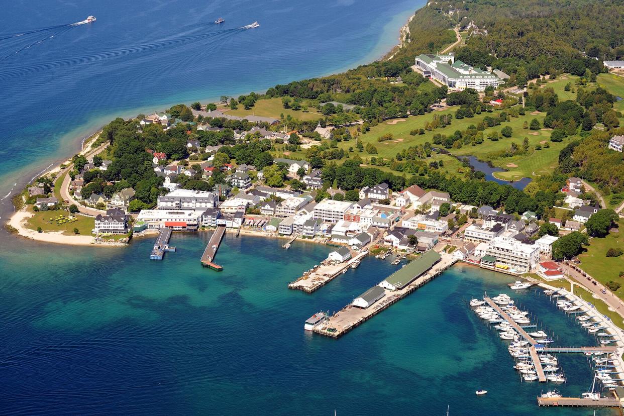 Aerial view of the downtown area of Mackinac Island, Michigan.