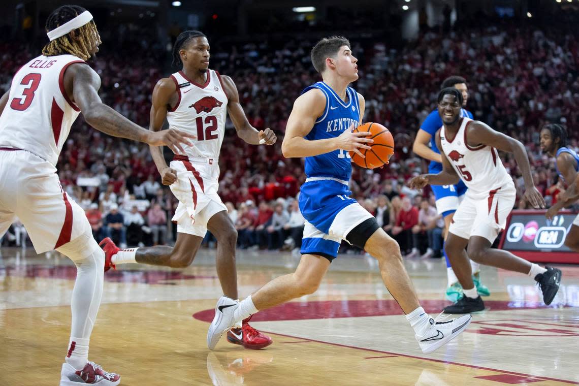 Kentucky guard Reed Sheppard (15) looks to shoot the ball during Saturday’s game against Arkansas at Bud Walton Arena in Fayetteville, Ark.
