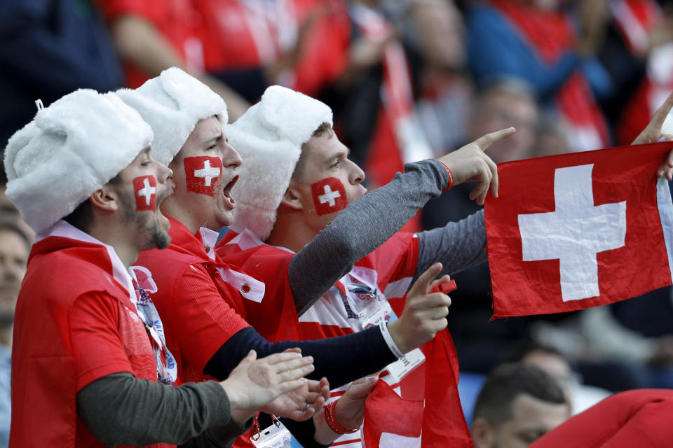 <p>Fans cheer for Switzerland prior to the group E match between against Serbia at the 2018 soccer World Cup in the Kaliningrad Stadium in Kaliningrad, Russia, Friday, June 22, 2018. (AP Photo/Victor Caivano) </p>