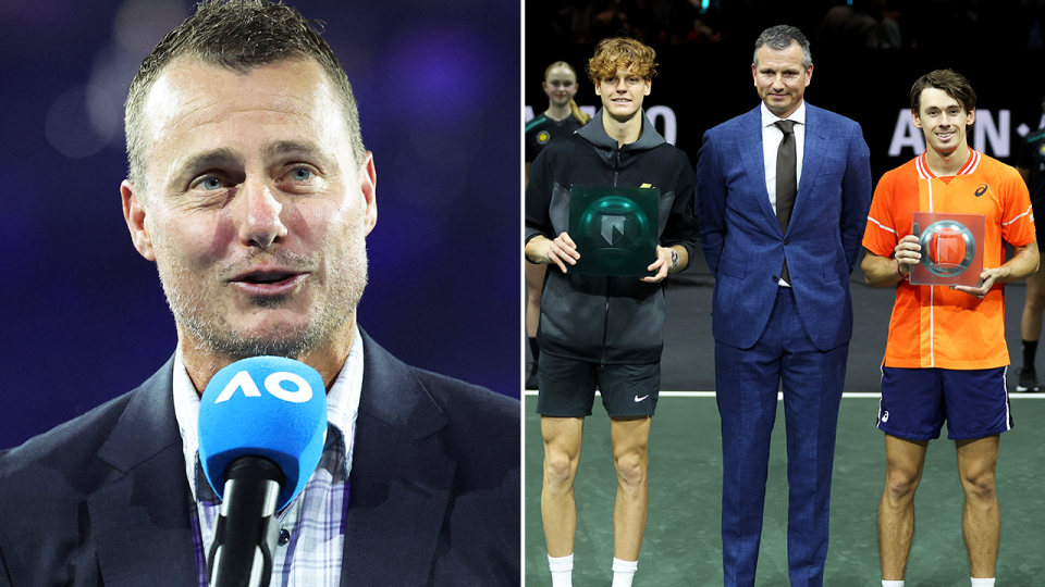 Lleyton Hewitt speaks and Jannik Sinner and Alex de Minaur take a photo.