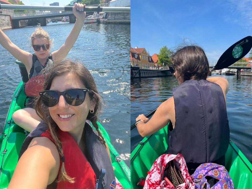 A split image shows two women on a GreenKayak boat on Copenhagen Harbor (left); a woman paddles in a kayak (right).