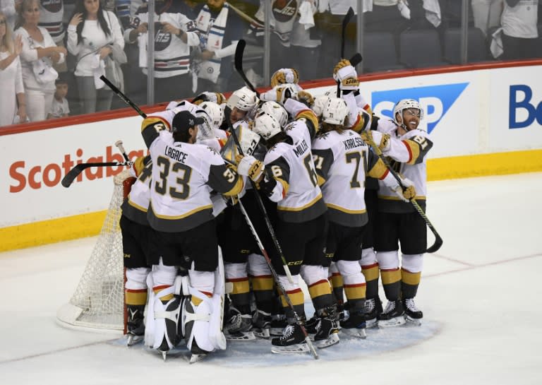 The Vegas Golden Knights celebrate defeating the Winnipeg Jets 2-1 in Game Five of the Western Conference Finals to advance to the 2018 NHL Stanley Cup Final