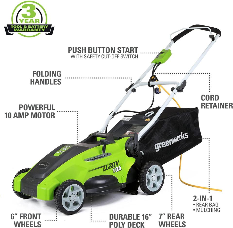 Greenworks 25142 10 Amp 16-Inch Corded Lawn Mower. Image via Amazon.