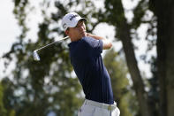 Maverick McNealy follows his shot from the second tee of the Silverado Resort North Course during the final round of the Fortinet Championship PGA golf tournament Sunday, Sept. 19, 2021, in Napa, Calif. (AP Photo/Eric Risberg)