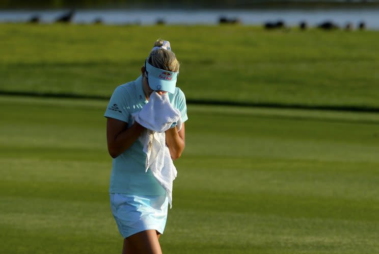 Lexi Thompson was emotional throughout the back stretch of the ANA Inspiration after a controversial rules decision. (Getty Images)