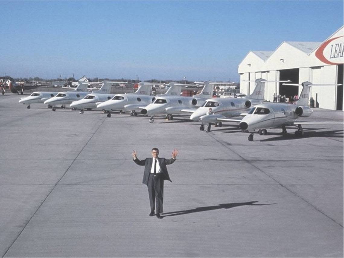 Learjet founder Bill Lear in front of seven of his Learjets in early 1965.