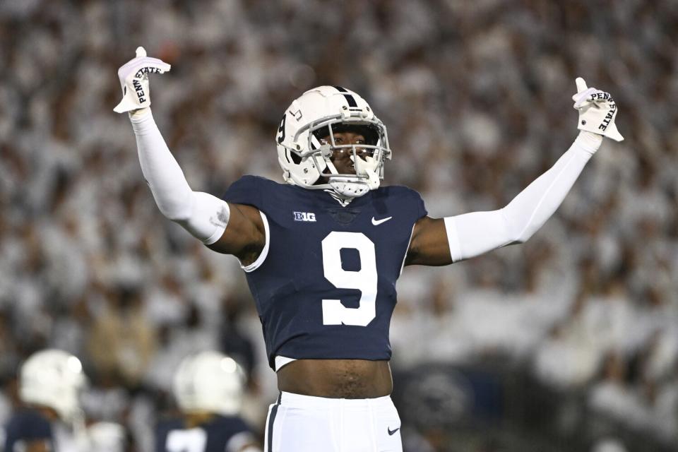 Penn State cornerback Joey Porter Jr. gestures during a game against Minnesota in October.