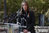 Dallas Police Department spokesperson Kristin Lowman responds to questions during a news conference at the Dallas Zoo, Friday, Feb. 3, 2023, in Dallas. (AP Photo/Tony Gutierrez)