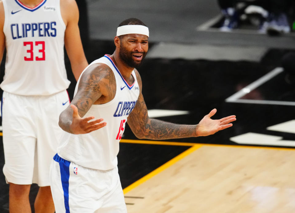 Jun 20, 2021; Phoenix, Arizona, USA; Los Angeles Clippers center DeMarcus Cousins (15) reacts against the Phoenix Suns in the second half during game one of the Western Conference Finals for the 2021 NBA Playoffs at Phoenix Suns Arena. Mandatory Credit: Mark J. Rebilas-USA TODAY Sports