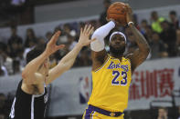 Los Angeles Lakers' LeBron James in action during a match against Brooklyn Nets at the NBA China Games 2019 in Shenzhen in south China's Guangdong province on Saturday, Oct. 12, 2019 (Color China Photo via AP)