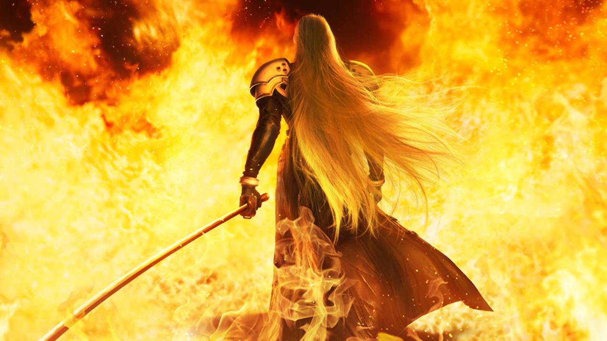  Sephiroth walks through the fire in FF7 Remake. 