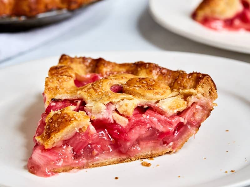 A slice of rhubarb pie on a plate