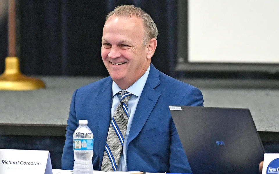 New College of Florida President Richard Corcoran, pictured here during an October 2023 trustee board meeting. Corcoran has threatened to withhold degrees from students who booed commencement speaker Joe Ricketts during the school's May 17, 2024, graduation ceremony.