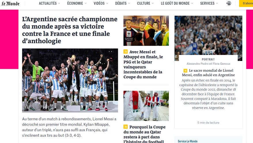 El diario francés Le Monde reflejó el triunfo de la Selección argentina en su portada.