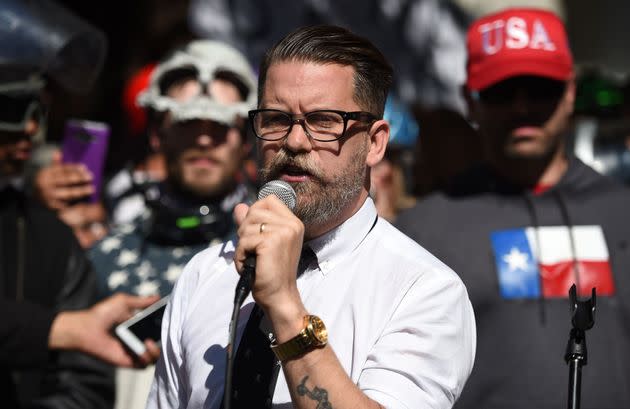 Proud Boys leader Gavin McInnes at a conservative rally in Berkeley, California on April 27, 2017. Penn State will host McInnes at a 