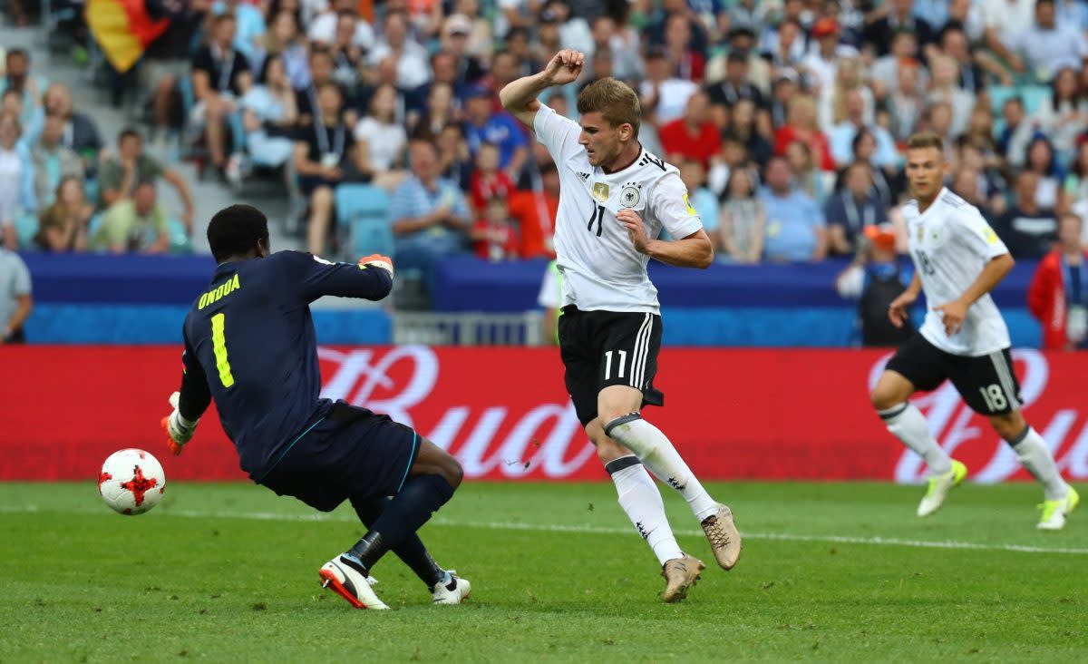 Timo Werner (11) scored twice to lead Germany to the top of Group B and into the semifinals in Russia. (EFE)