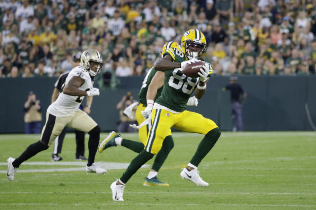 New Orleans Saints wide receiver Chris Olave (12) runs a route during an  NFL football game against the Tampa Bay Buccaneers, Sunday, Sept. 18, 2022,  in New Orleans. (AP Photo/Jonathan Bachman Stock