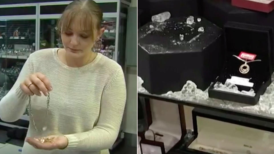 Business owner Carly Brook, left, holds some of the jewellery left behind after a robber smashed into her store, right. Source: 7News