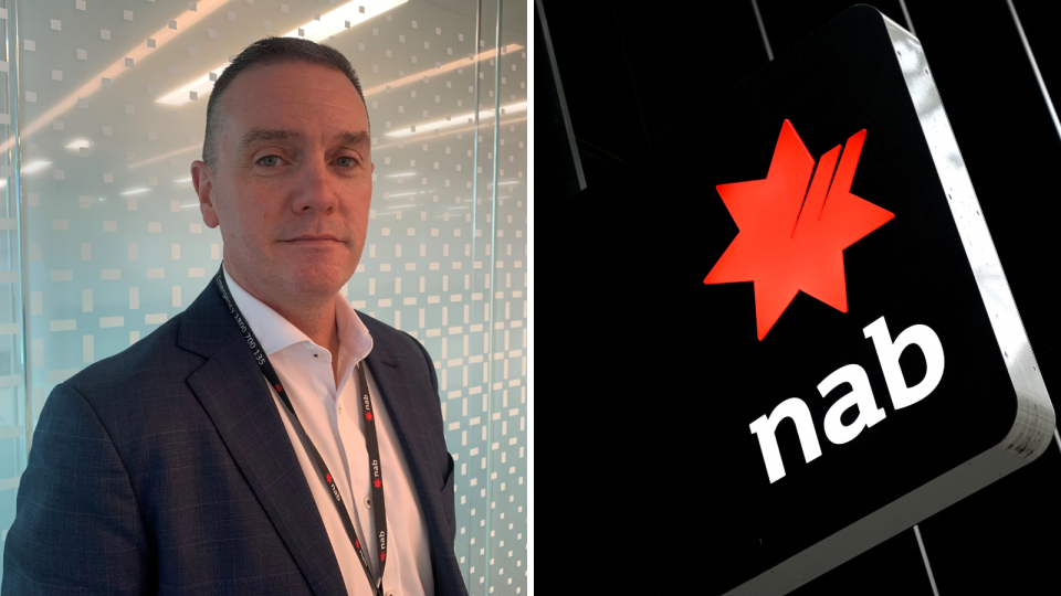 A composite image of NAB head of investigations and fraud Chris Sheehan and the NAB logo.