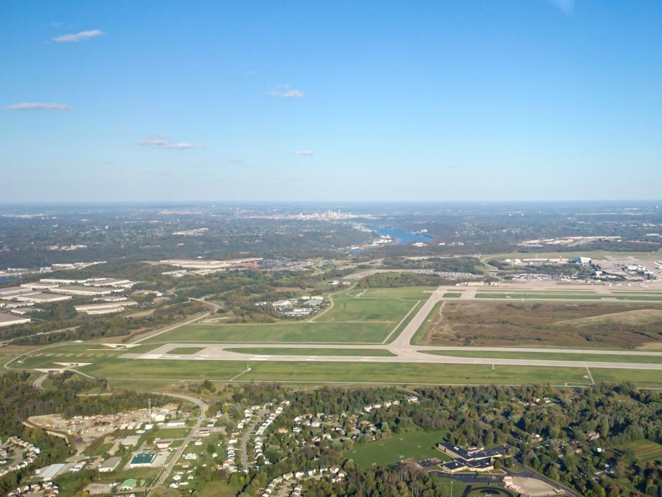 The greater Cincinnati, Ohio airport (CVG) located in Covington, Kentucky across the river from Ohio.