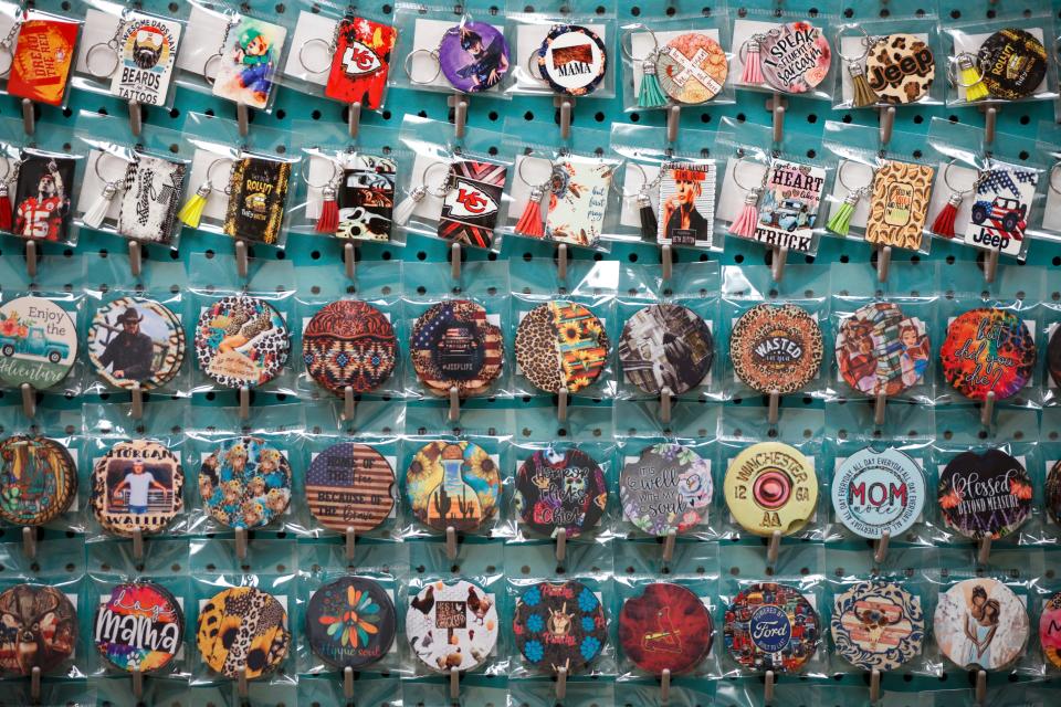 Keychains for sale at Fina's Market, a 6,300-square-foot vendor market specializing in local, handcrafted goods at 1635 W. Walnut St. on Friday, April 21, 2023.