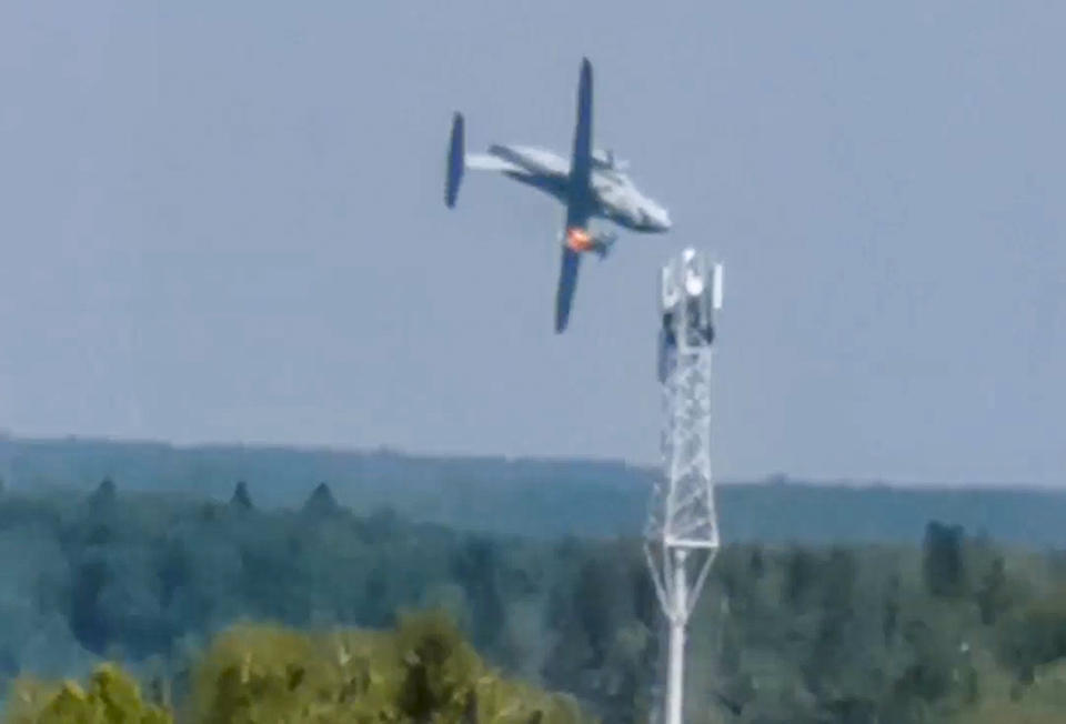 FILE - In this photo taken from video provided by Dmitry Ovchinnikov, the new light military transport plane Il-112V goes down in flames near Kubinka airfield about 45 kilometers (28 miles) west of Moscow, Russia, on Aug. 17, 2021. On Friday, Jan. 20, 2023, The Associated Press reported on stories circulating online incorrectly claiming a video shows the Sunday, Jan. 15 crash of a passenger plane in Pokhara, Nepal, which killed all 72 aboard. The video was recorded in 2021 and was shot in Russia, not Nepal. (Dmitry Ovchinnikov via AP, File)