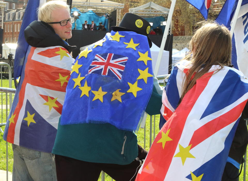 Anti-Brexit protesters seen wrapped in flags outside the Houses of Parliament (Picture: PA)