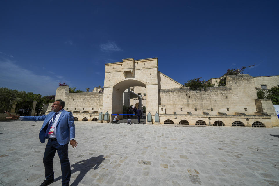 Journalists arrive to Borgo Egnazia luxury complex prior to a G7 world leaders summit at Borgo Egnazia, Italy, Thursday, June 13, 2024. (AP Photo/Luca Bruno)