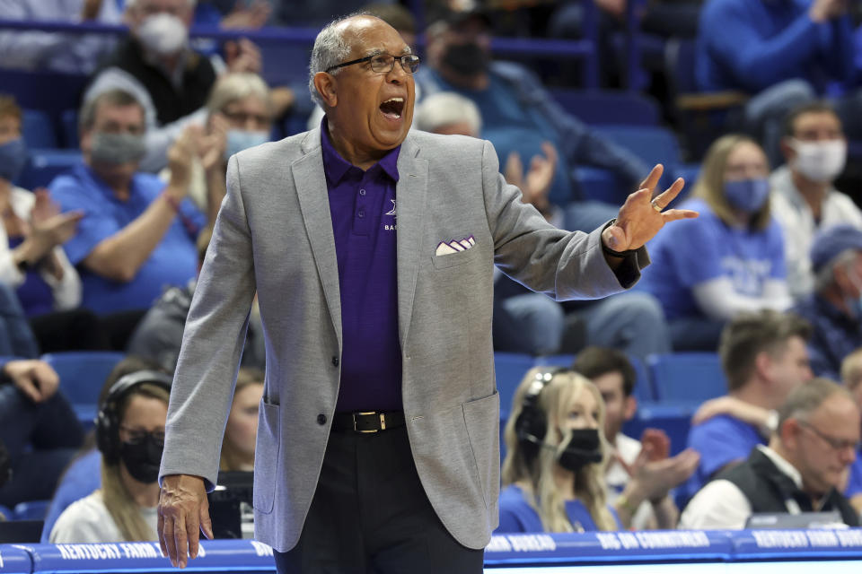 High Point head coach Tubby Smith directs his team during the second half of an NCAA college basketball game in Lexington, Ky., Friday, Dec. 31, 2021. Kentucky won 92-48. (AP Photo/James Crisp)