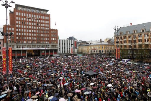 Thousands gather in Oslo to sing a song hated by mass murderer Anders Behring Breivik on April 26. The Norwegian prison where Anders Behring Breivik may be locked up for massacring 77 people last year will hire people with whom he can socialise, to keep him away from other inmates, media reported Thursday